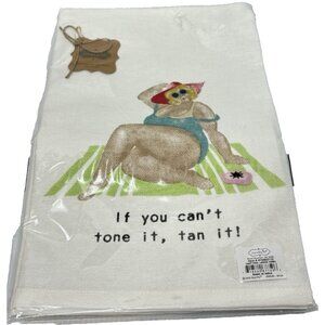 Mud Pie "Can't Tone It Tan It" Cotton Hand Towel 23x16 Printed Laying On Beach